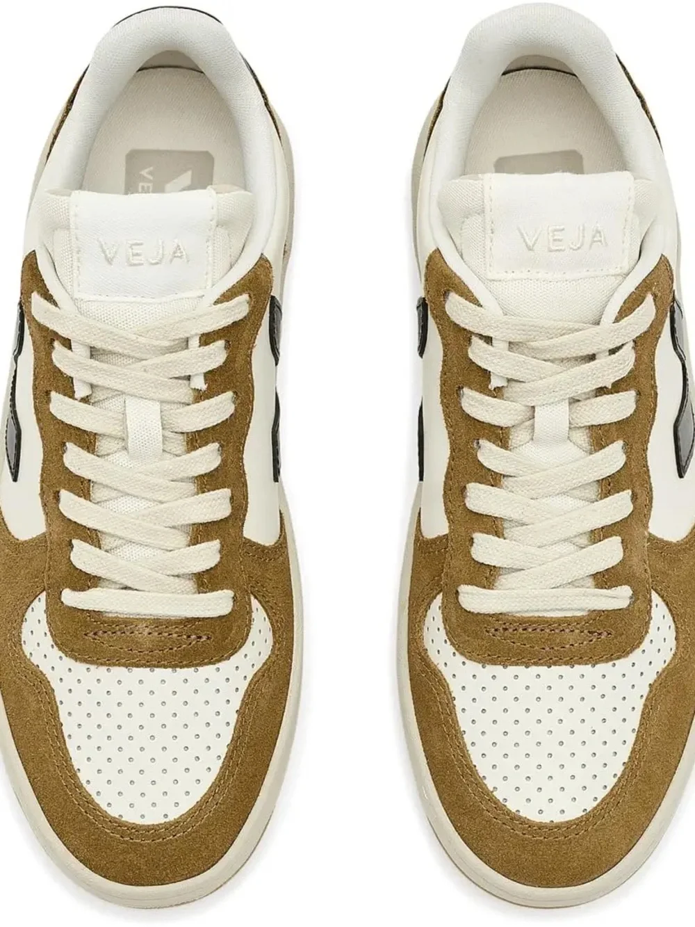 Veja Women’s Low-Top V-10 Chromefree Leather Sneaker in Cream, Tan & Black - Picture 2 of 6